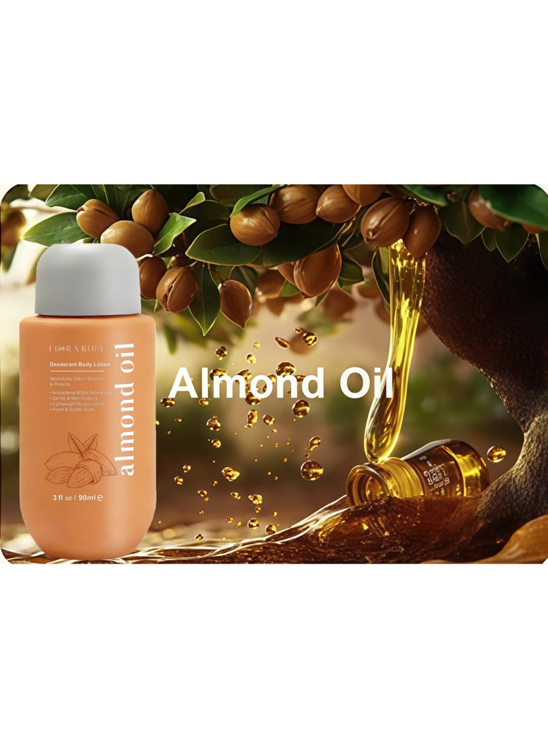 Flora Ruby لوشن الجسم المرطب والمزيل للعرق من فلورا روبي: 90 مل، برائحة اللوز الخفيفة، ترطيب يدوم طويلاً، يمنع تشقق الجلد، عناية مزدوجة لليدين والبشرة. - Image 2